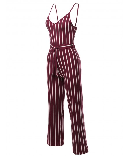 Women's Pinstripe Sleeveless Strap Self Tied Waistband Jumpsuit