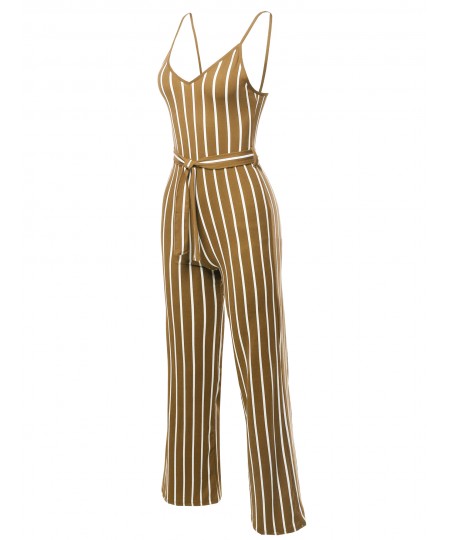 Women's Pinstripe Sleeveless Strap Self Tied Waistband Jumpsuit