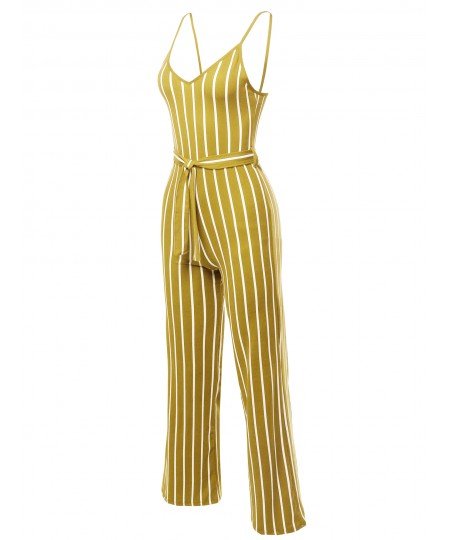 Women's Pinstripe Sleeveless Strap Self Tied Waistband Jumpsuit