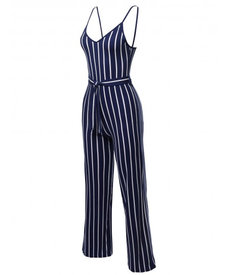 Women's Pinstripe Sleeveless Strap Self Tied Waistband Jumpsuit