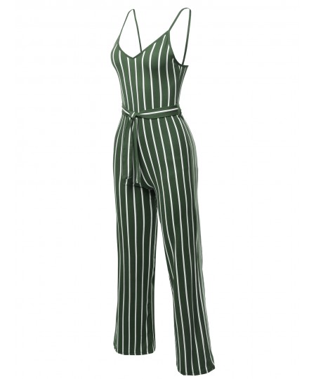 Women's Pinstripe Sleeveless Strap Self Tied Waistband Jumpsuit