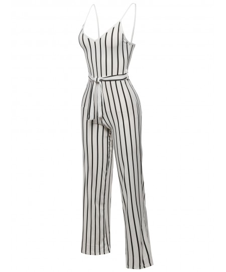 Women's Pinstripe Sleeveless Strap Self Tied Waistband Jumpsuit