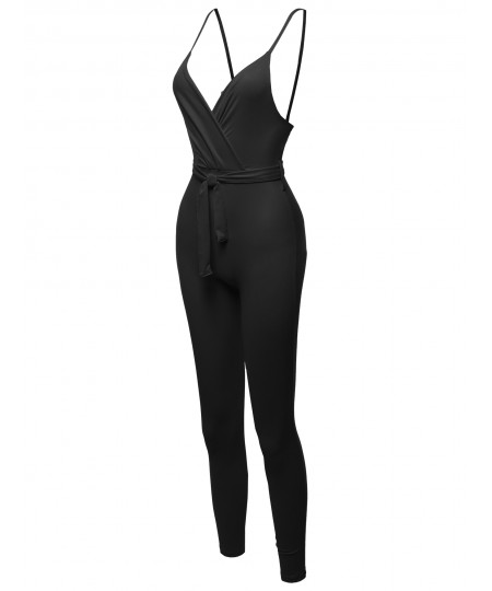 Women's Solid Wrapped V-Neckline Waistband Skinny Leg Jumpsuit