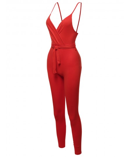 Women's Solid Wrapped V-Neckline Waistband Skinny Leg Jumpsuit