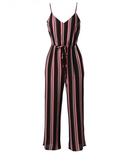 Women's Casual Stripe Printed Wide Leg Camisole Jumpsuit Romper