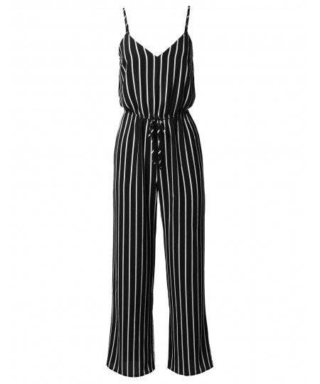 Women's Casual Stripe Printed Wide Leg Camisole Jumpsuit Romper