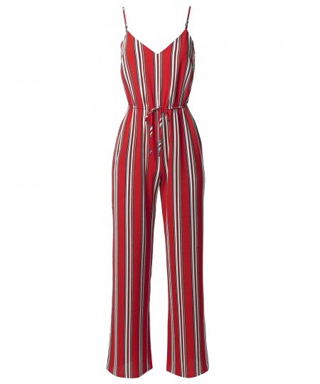 Women's Casual Stripe Printed Wide Leg Camisole Jumpsuit Romper