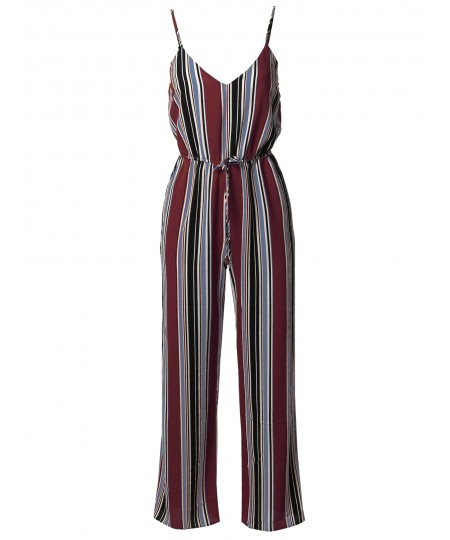 Women's Casual Stripe Printed Wide Leg Camisole Jumpsuit Romper