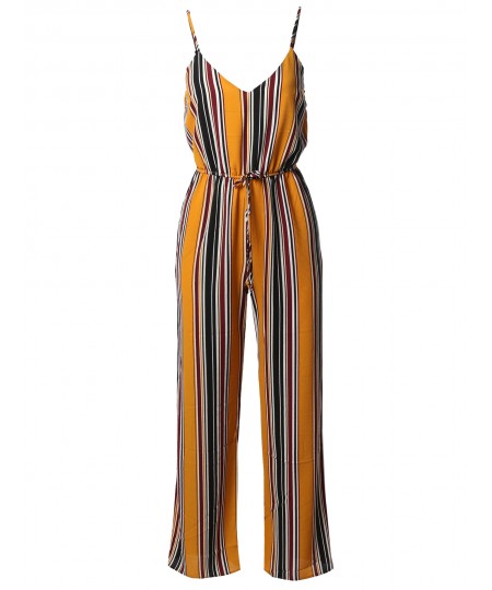 Women's Casual Stripe Printed Wide Leg Camisole Jumpsuit Romper