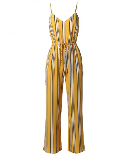 Women's Casual Stripe Printed Wide Leg Camisole Jumpsuit Romper