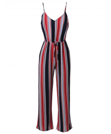 Women's Casual Stripe Printed Wide Leg Camisole Jumpsuit Romper