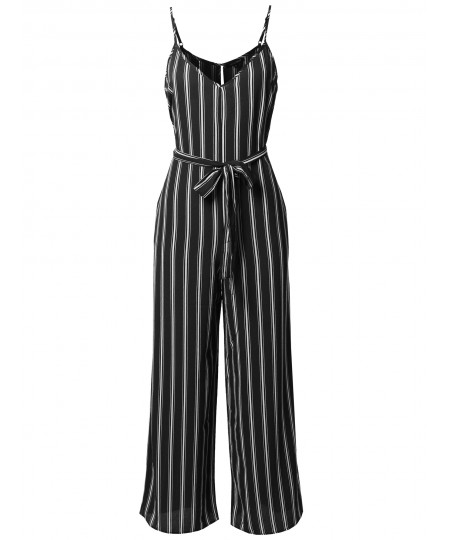 Women's Casual Self Tied Waist Belt Wide Leg Jumpsuit Romper