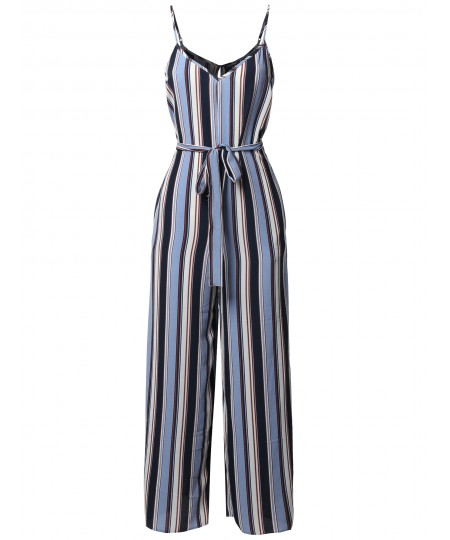 Women's Casual Self Tied Waist Belt Wide Leg Jumpsuit Romper