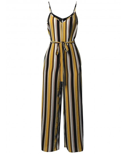 Women's Casual Self Tied Waist Belt Wide Leg Jumpsuit Romper