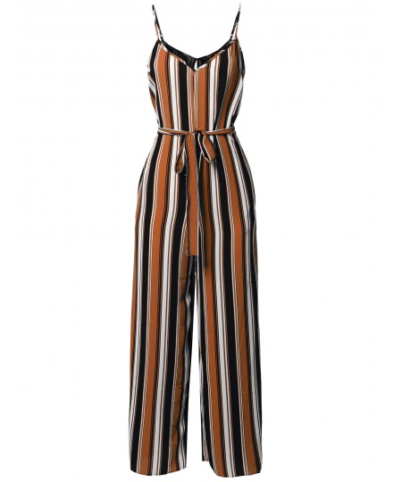 Women's Casual Self Tied Waist Belt Wide Leg Jumpsuit Romper