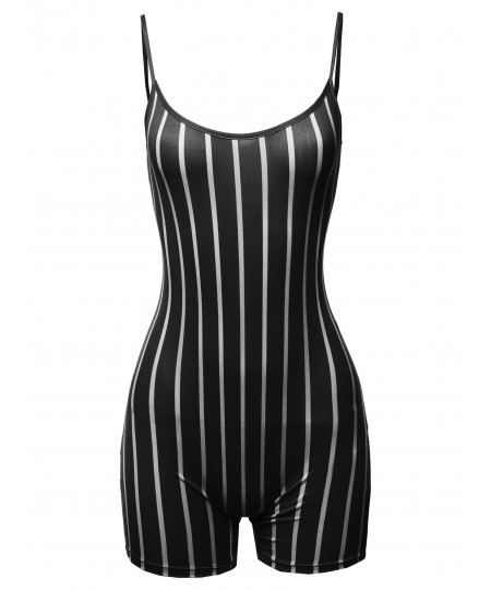 Women's Pin-stripe Spaghetti Strap Sexy Bodysuit Biker Short Jumpsuit