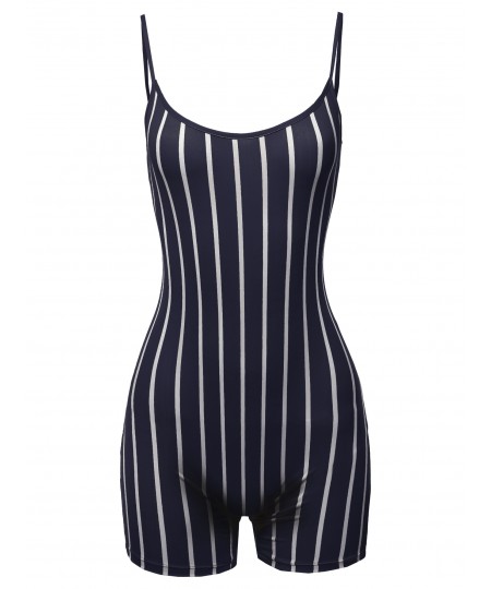 Women's Pin-stripe Spaghetti Strap Sexy Bodysuit Biker Short Jumpsuit