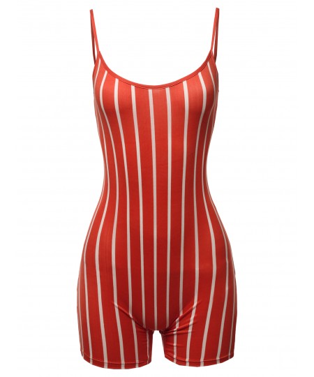 Women's Pin-stripe Spaghetti Strap Sexy Bodysuit Biker Short Jumpsuit