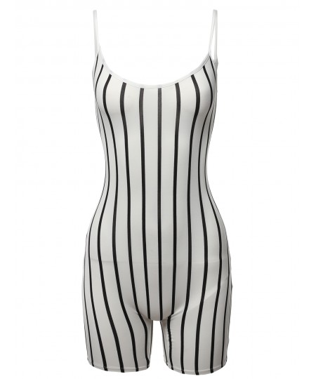 Women's Pin-stripe Spaghetti Strap Sexy Bodysuit Biker Short Jumpsuit