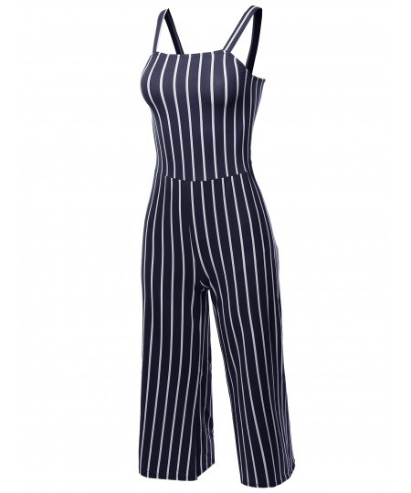 Women's Casual Stripes Ankle Length Shoulder Strap Jumpsuit