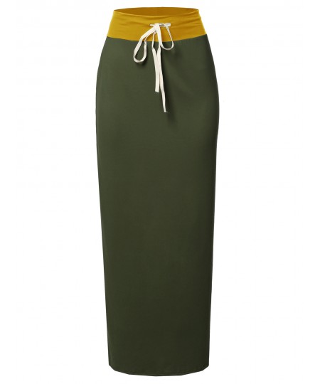 Women's Casual High Waist Drawstring Maxi Skirt - Made In USA