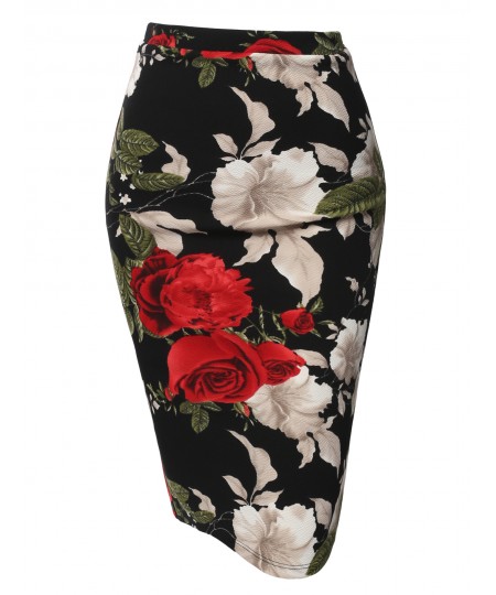 Women's Fitted Stretch Printed High Waist Midi Pencil Skirt