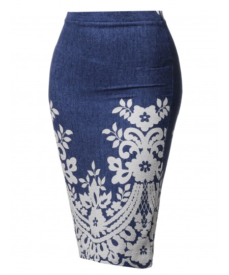 Women's Fitted Stretch Printed High Waist Midi Pencil Skirt