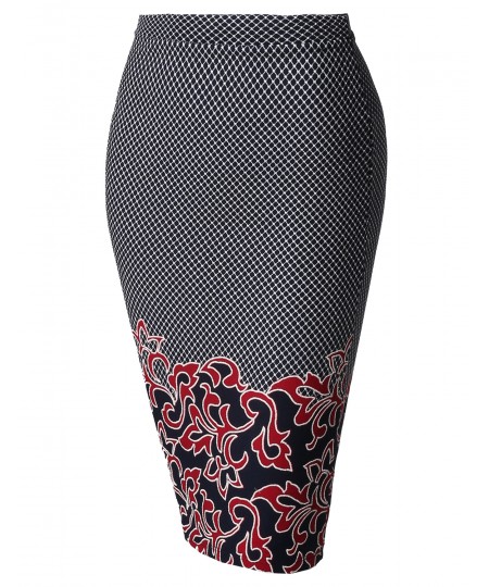 Women's Fitted Stretch Printed High Waist Midi Pencil Skirt