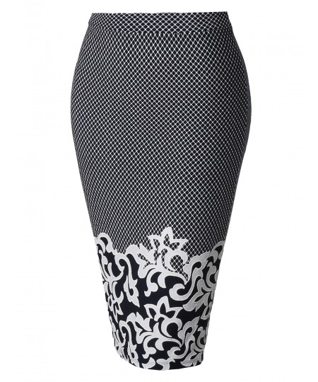 Women's Fitted Stretch Printed High Waist Midi Pencil Skirt