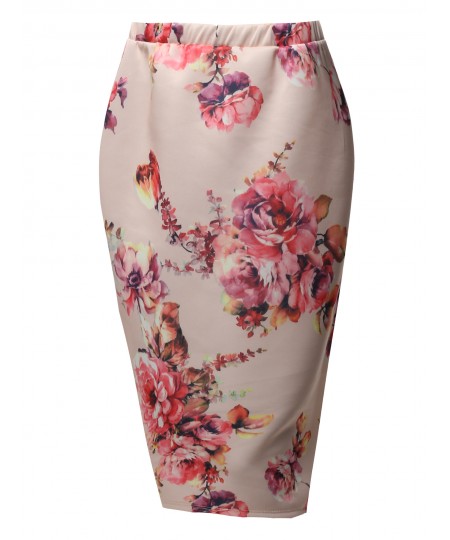 Women's Fitted Stretch Printed High Waist Midi Pencil Skirt