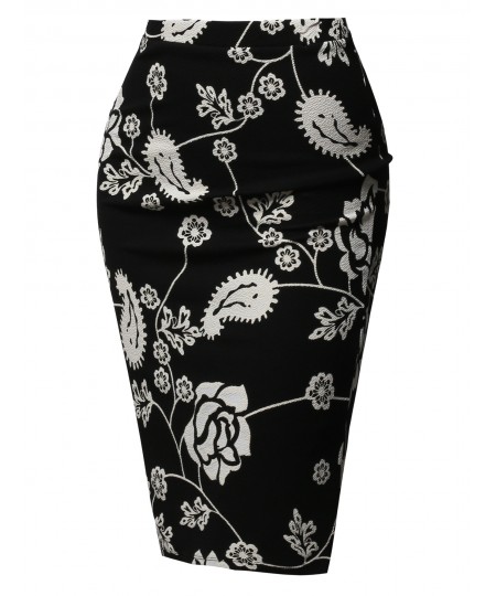 Women's Fitted Stretch Printed High Waist Midi Pencil Skirt