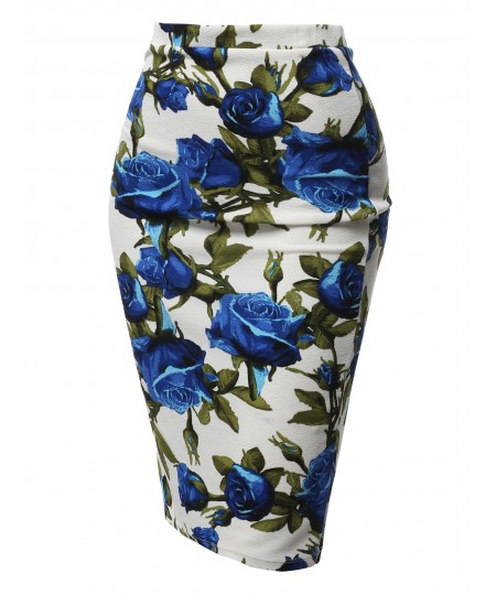 Women's Fitted Stretch Printed High Waist Midi Pencil Skirt