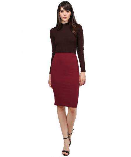 Women's Fitted Solid Bubble Crepe High Waist Midi Pencil Skirt