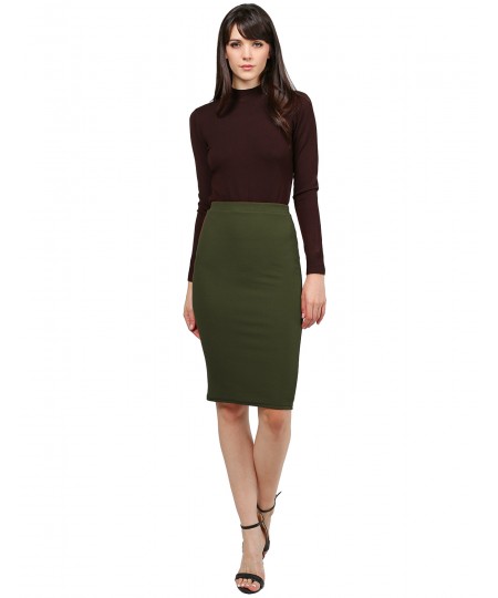 Women's Fitted Solid Bubble Crepe High Waist Midi Pencil Skirt