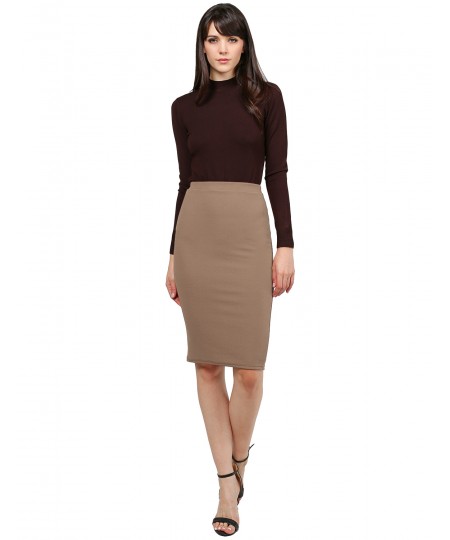 Women's Fitted Solid Bubble Crepe High Waist Midi Pencil Skirt