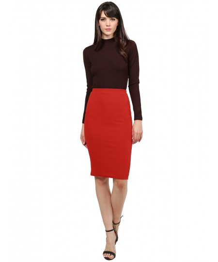 Women's Fitted Solid Bubble Crepe High Waist Midi Pencil Skirt