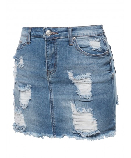 Women's Casual Destroyed Detail Denim Mini Skirt