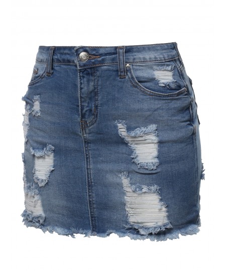 Women's Casual Destroyed Detail Denim Mini Skirt