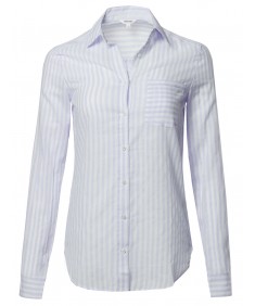 Women's Lightweight Cotton Striped Roll Up Sleeve Button-Down Shirt 