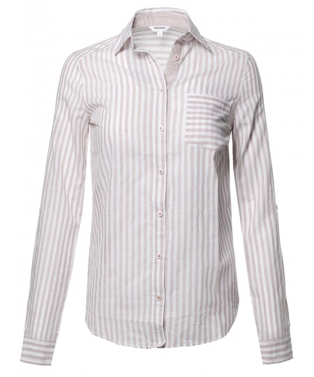 Women's Lightweight Cotton Striped Roll Up Sleeve Button-Down Shirt 