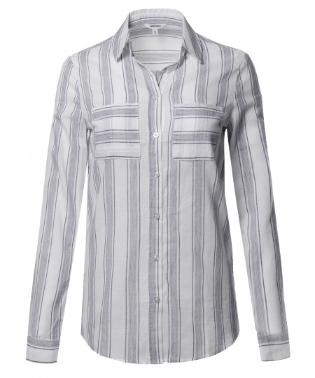 Women's Lightweight Cotton Striped Roll Up Sleeve Button-Down Shirt 