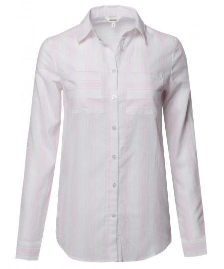 Women's Lightweight Cotton Striped Roll Up Sleeve Button-Down Shirt 