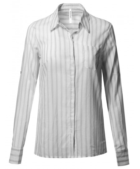 Women's Lightweight Cotton Striped Roll Up Sleeve Button-Down Shirt 