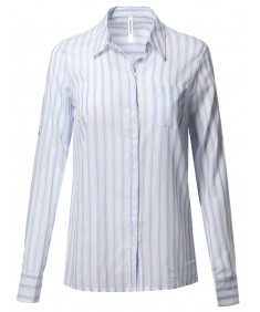 Women's Lightweight Cotton Striped Roll Up Sleeve Button-Down Shirt 