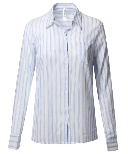 Women's Lightweight Cotton Striped Roll Up Sleeve Button-Down Shirt 