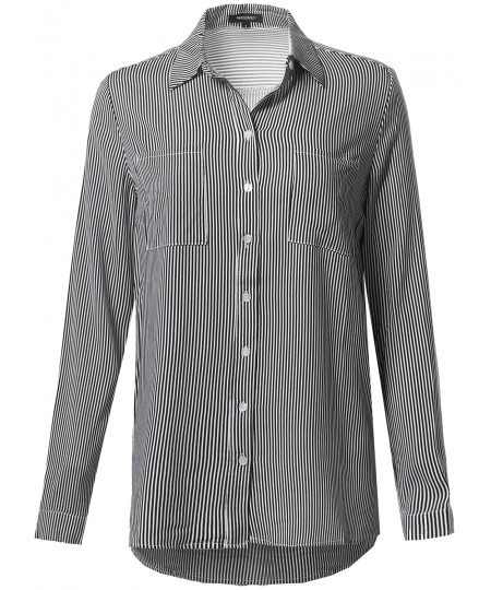 Women's Oversize Striped Chest Pockets Button-Down Shirt 