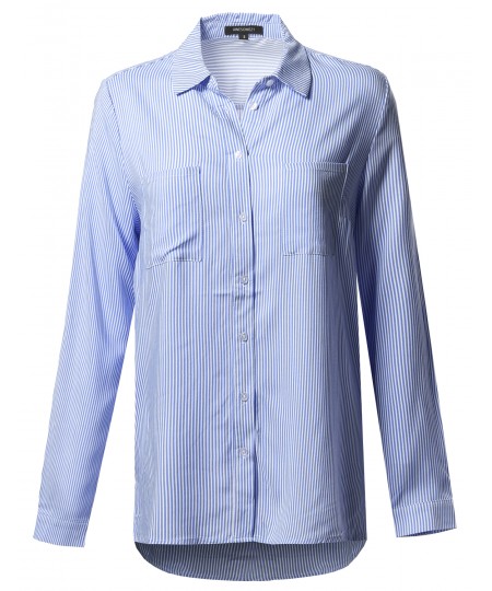 Women's Oversize Striped Chest Pockets Button-Down Shirt 