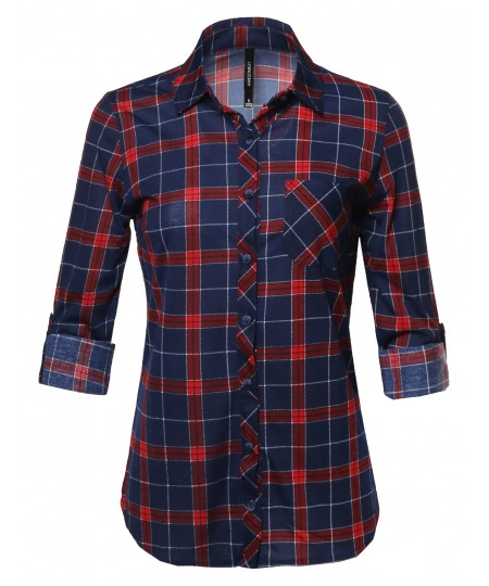 Women's Casual Classic Roll Tab Sleeve Button Plaid Button Down Shirts