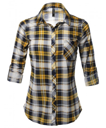 Women's Casual Lightweight Roll Up Long Sleeve Plaid Button Down Shirts