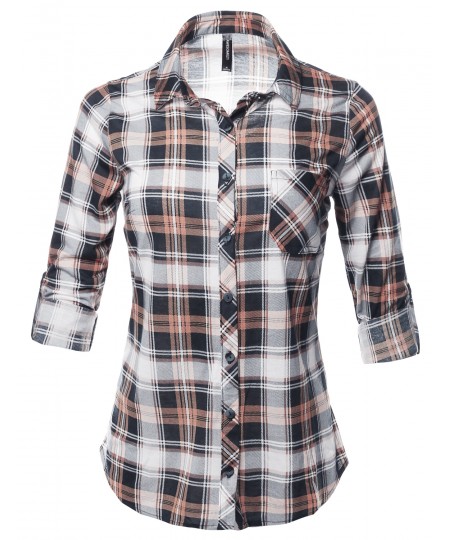 Women's Casual Lightweight Roll Up Long Sleeve Plaid Button Down Shirts